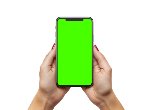 A white woman holding a smarthphone with a green screen., isolated over transparent background, PNG cut-out