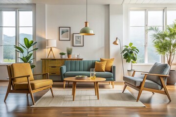 Fototapeta premium Minimalist Mid-Century Modern Furniture Collection in a Sunlit Room