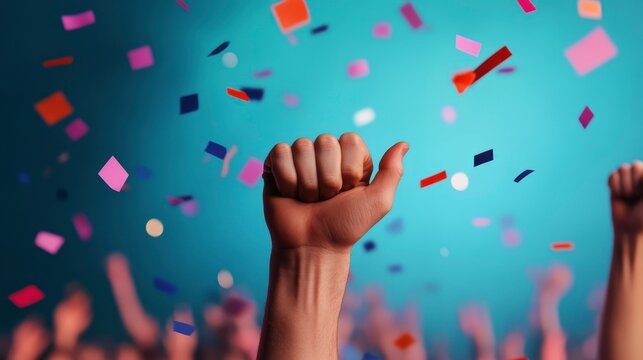 Colorful Celebration with Confetti and Raised Fists of Joy and Unity in a Festive Atmosphere