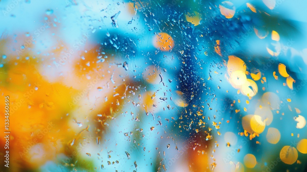 Aufkleber rain droplets clinging to a window pane create abstract patterns, blurring vibrant city lights in a 