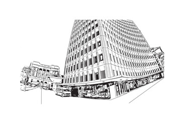 Latest building view with landmark of Christchurch city of New Zealand. Hand drawn sketch illustration in vector
