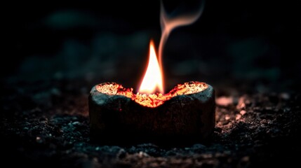 Burning Ember in Clay Lamp  Night Scene  Dark Background  Smoke  Flame  Close up