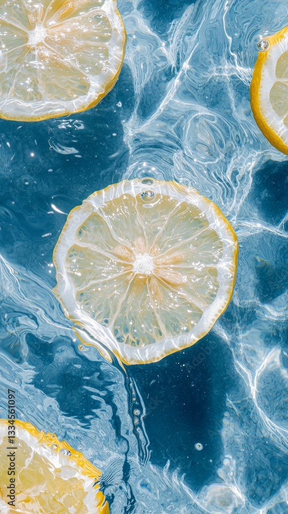 Poster slices of fresh lemon float in clear blue water, creating bubbles and ripples, evoking a refreshing 