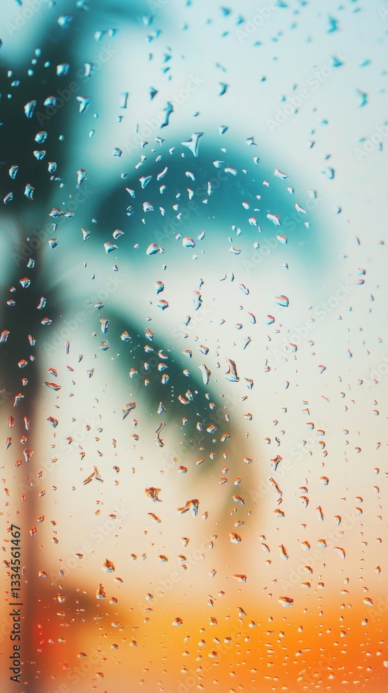 Aufkleber raindrops are sliding on a glass surface, creating a beautiful abstract pattern against a blurred ba