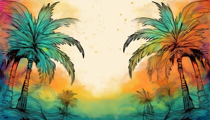 Obraz premium abstract border frame of hand drawn palm trees, tropical nature element concept background with copy space