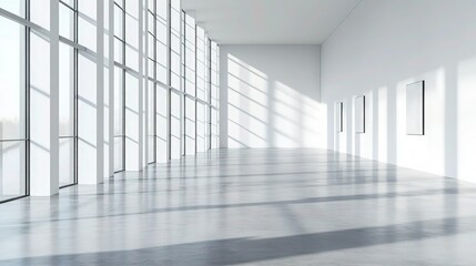 Fototapeta premium modern minimalist interior, expansive empty white room, floor-to-ceiling windows, sunlight streaming in, sleek polished concrete floor, geometric shadows, clean lines, architectural photography