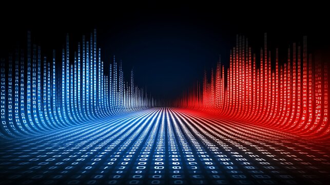 Futuristic Cybernetic Landscape with Binary Code Data Streams and Reflections