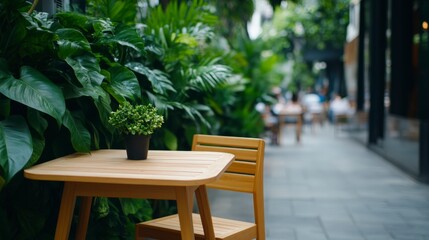 Obraz premium Cozy Outdoor Café Setup with Lush Greenery and Wooden Table in a Relaxing Urban Environment