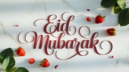 Fototapeta premium Elegant Eid Mubarak Greeting with Strawberry-Themed Floral Arrangement on Marble.