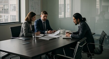 Fototapeta premium Collaborative Business Meeting with Professionals Discussing Strategies in Modern Office