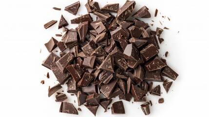 Delicious dark chocolate chunks and pieces arranged on a clean white surface, showcasing a rich and decadent confectionery ingredient for culinary creations