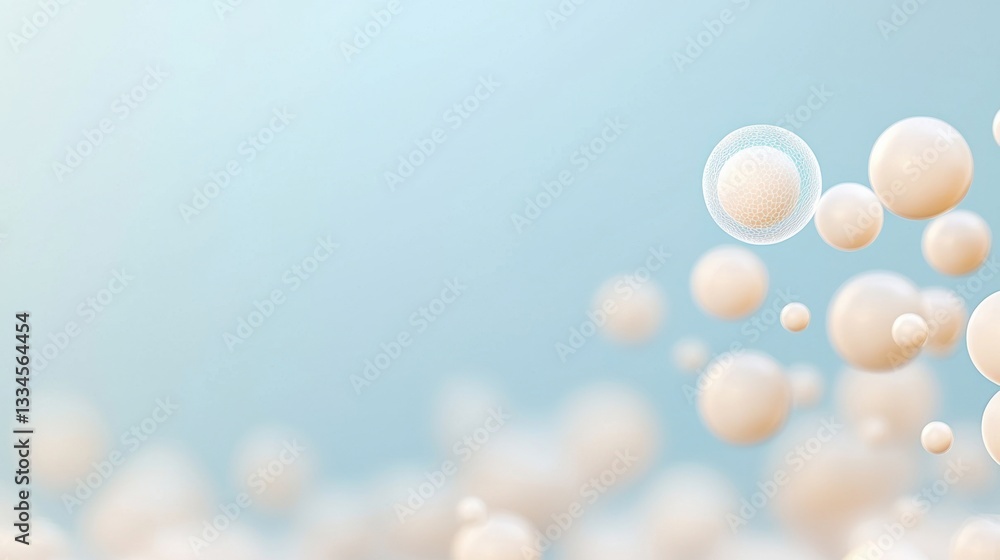 Poster a 3d rendering of a cluster of pale pink spheres, with one sphere encased in a transparent bubble.