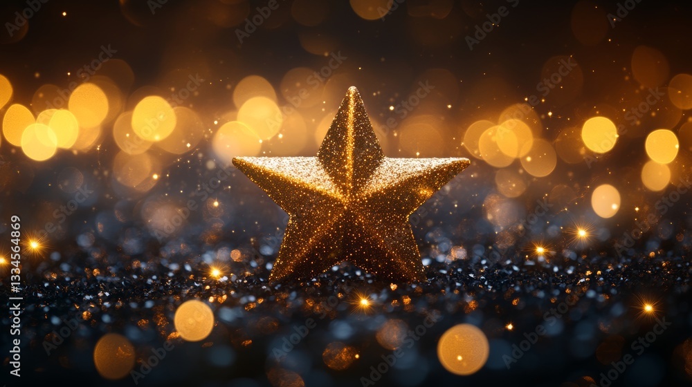 Poster luxurious dark background with golden sparkling star and glittering stars and enchanting bokeh effec