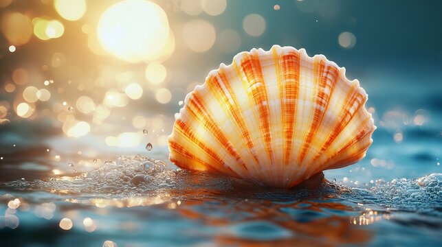 Beautiful seashell resting on water with sunlight creating a sparkling effect during a serene afternoon