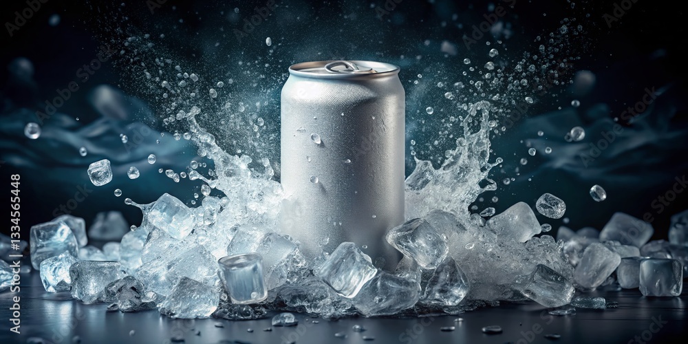 Poster Minimalist White Soda Can with Exploding Ice Cubes on Textured Background - Macro Stock Photo
