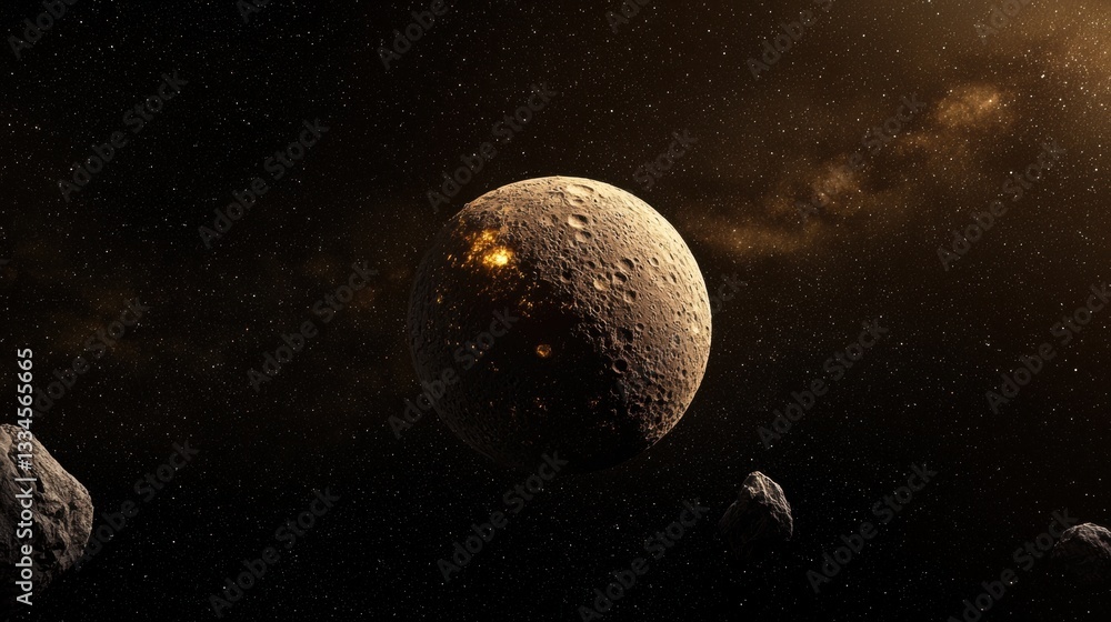 Poster a large, rocky planet with a bright light source in the center of its surface.