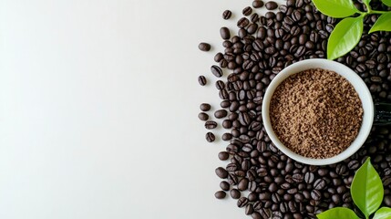 Aromatic Ground Coffee Beans with Roasted Beans   Leaves