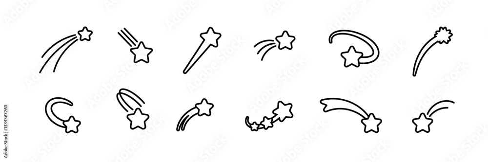 Poster a simple set of icon elements featuring different styles of shooting stars and star comets.