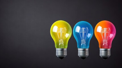 Three Colorful Glowing Light Bulbs on Dark Background