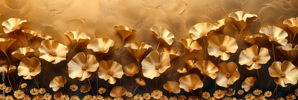 Poster Luxurious Golden Ginkgo Leaves on a Beautiful Background with Clean Lines and Elegant Patterns