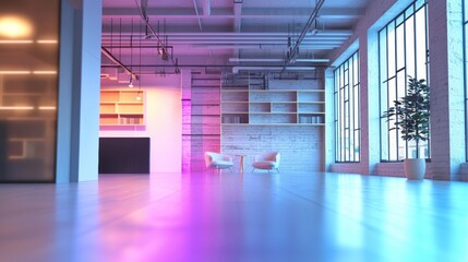 Futuristic neon-lit interior with vibrant pink and blue lights