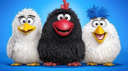 Fototapeta premium Three Fluffy Stylized Birds on Blue Background
