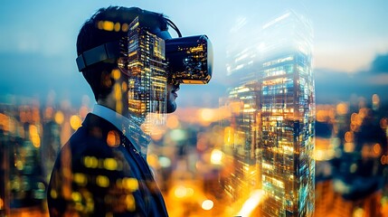 Businessman in VR headset, cityscape overlay.