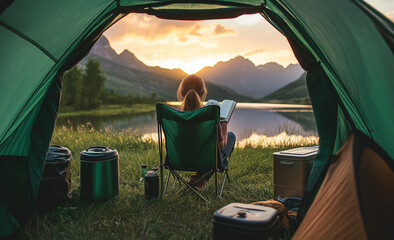 Photo close up alone girl reading book sitting at sunset looking at forest alone serenity concept.