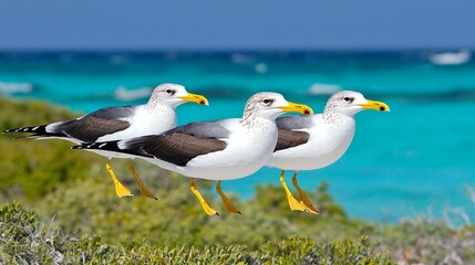 Naklejka premium Three Seagulls Walking Near Turquoise Ocean