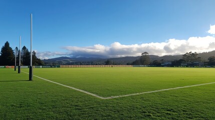 A rugby field with open space, white boundary lines, and goalposts standing tall with no players around.