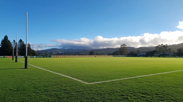A rugby field with open space, white boundary lines, and goalposts standing tall with no players around.
