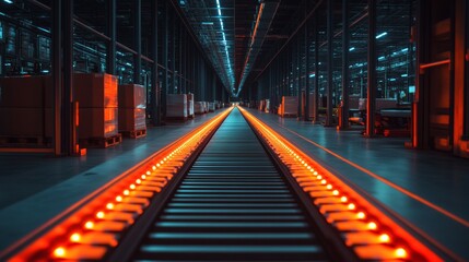 Fototapeta premium Warehouse conveyor belt illuminated by orange lights in a modern industrial setting at night
