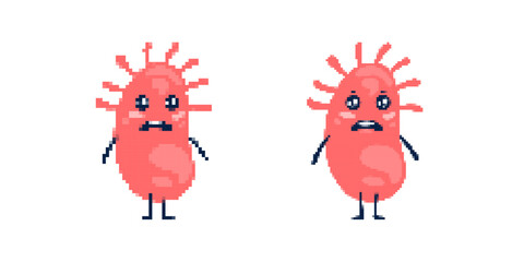 Two cartoon creatures are drawn in pixel art style with funny expressions and colorful bodies.