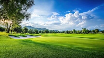 A serene golf course with well-manicured grass, sand bunkers, and rolling hills under a blue sky.