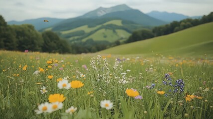 Fototapeta premium Colorful Wildflower Meadow with Rolling Hills and Mountain Background