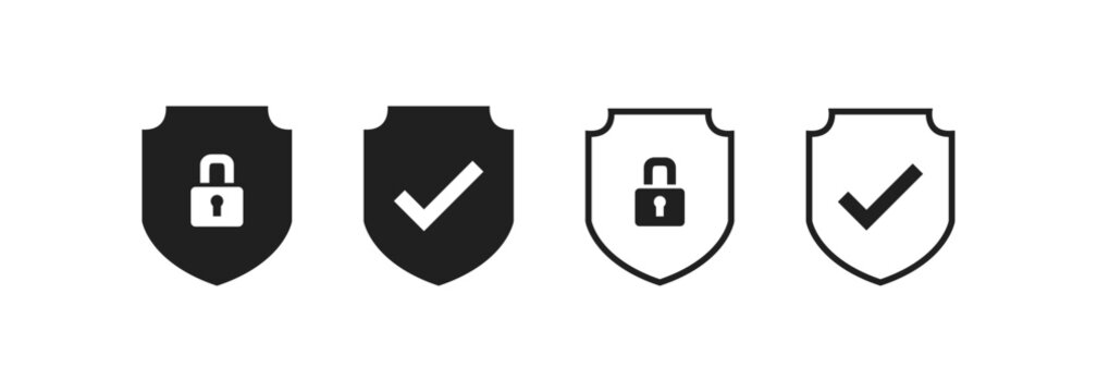 Set of security shield icons, security shields logotypes with check mark and padlock. Security shield symbols. Vector illustration.