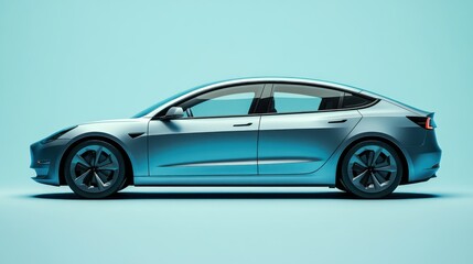 Fototapeta premium A side profile of a sleek electric car on a solid-colored background with ample negative space.
