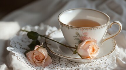 Close-up of a delicate and luxurious porcelain teacup. Vintage teacup with pink roses.