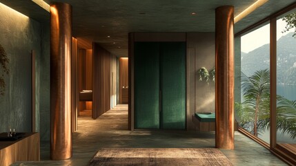 Obraz premium Luxurious Spacious Hallway with Wardrobe and Copper Pillar in Warm and Cosy Suite with Dark Green Tones and Velvet Accents