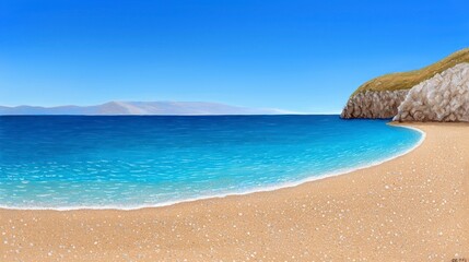 Tranquil Beach Scene Light Blue Water, Sandy Shore, and Distant Mountains