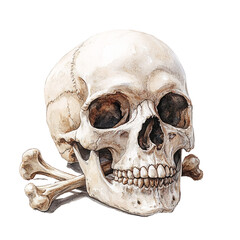 Obraz premium A realistic watercolor painting of a human skull with two crossed bones behind it.
