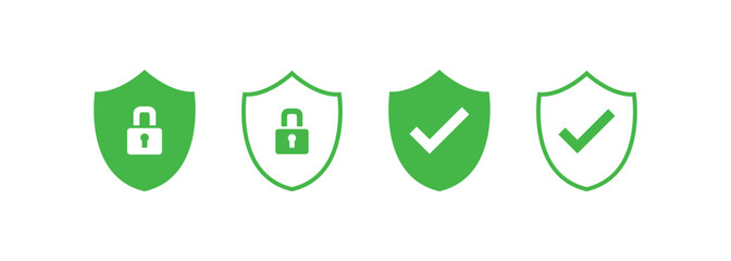 Set of security shield icons, security shields logotypes with check mark and padlock. Security shield symbols. Vector illustration. © rochmuch