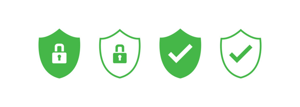 Set of security shield icons, security shields logotypes with check mark and padlock. Security shield symbols. Vector illustration.