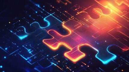 Obraz premium Glowing puzzle piece connects digital circuit; data flows