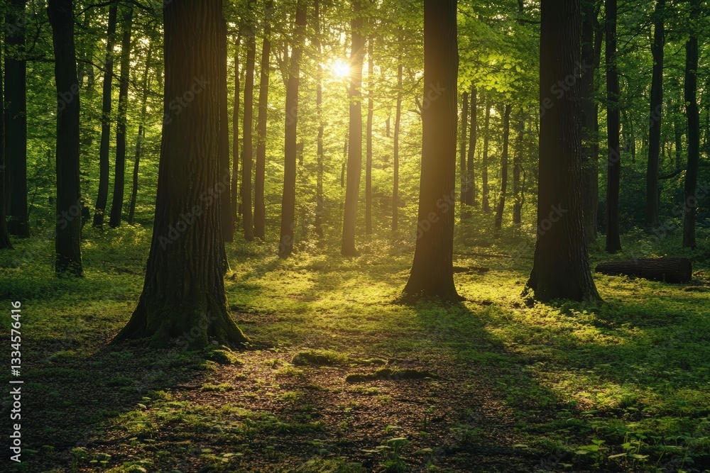 Poster serene forest clearing illuminated by soft sunlight filtering through lush green leaves in a tranqui