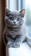 Fototapeta premium A small gray kitten sitting patiently on a window sill
