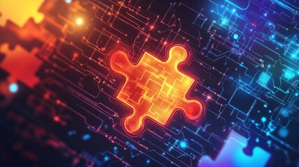 Glowing puzzle piece connecting digital circuit board