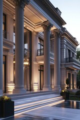 Fototapeta premium Grand Neoclassical Mansion Entrance at Dusk
