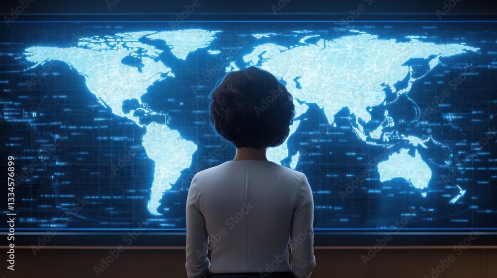 Poster a cybersecurity expert monitoring a world map of digital threats in a high-tech control room