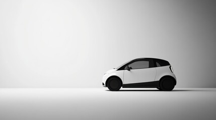 A small electric hatchback positioned against a monochrome backdrop, leaving empty space.